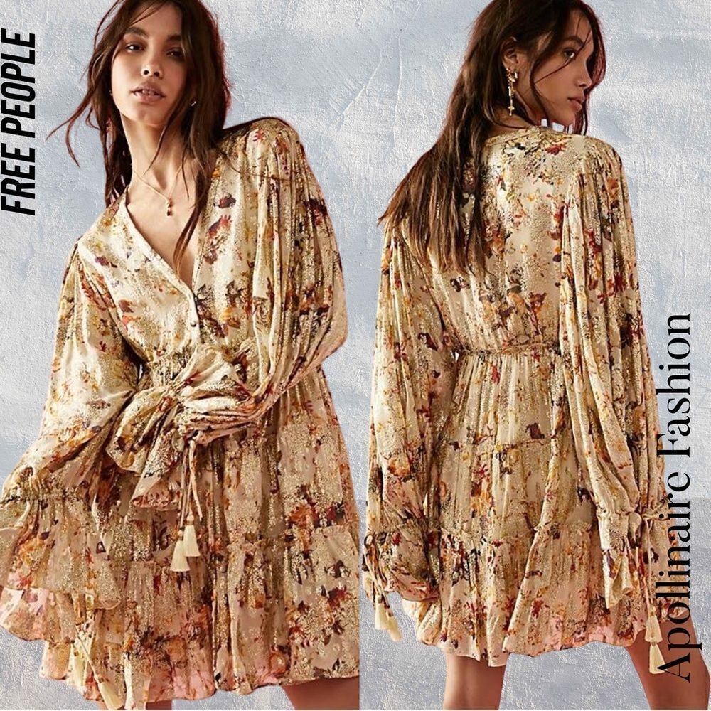 FREE PEOPLE BY ROCOCO SANDS METALLIC FLORAL PRINT MINI DRESS NWT